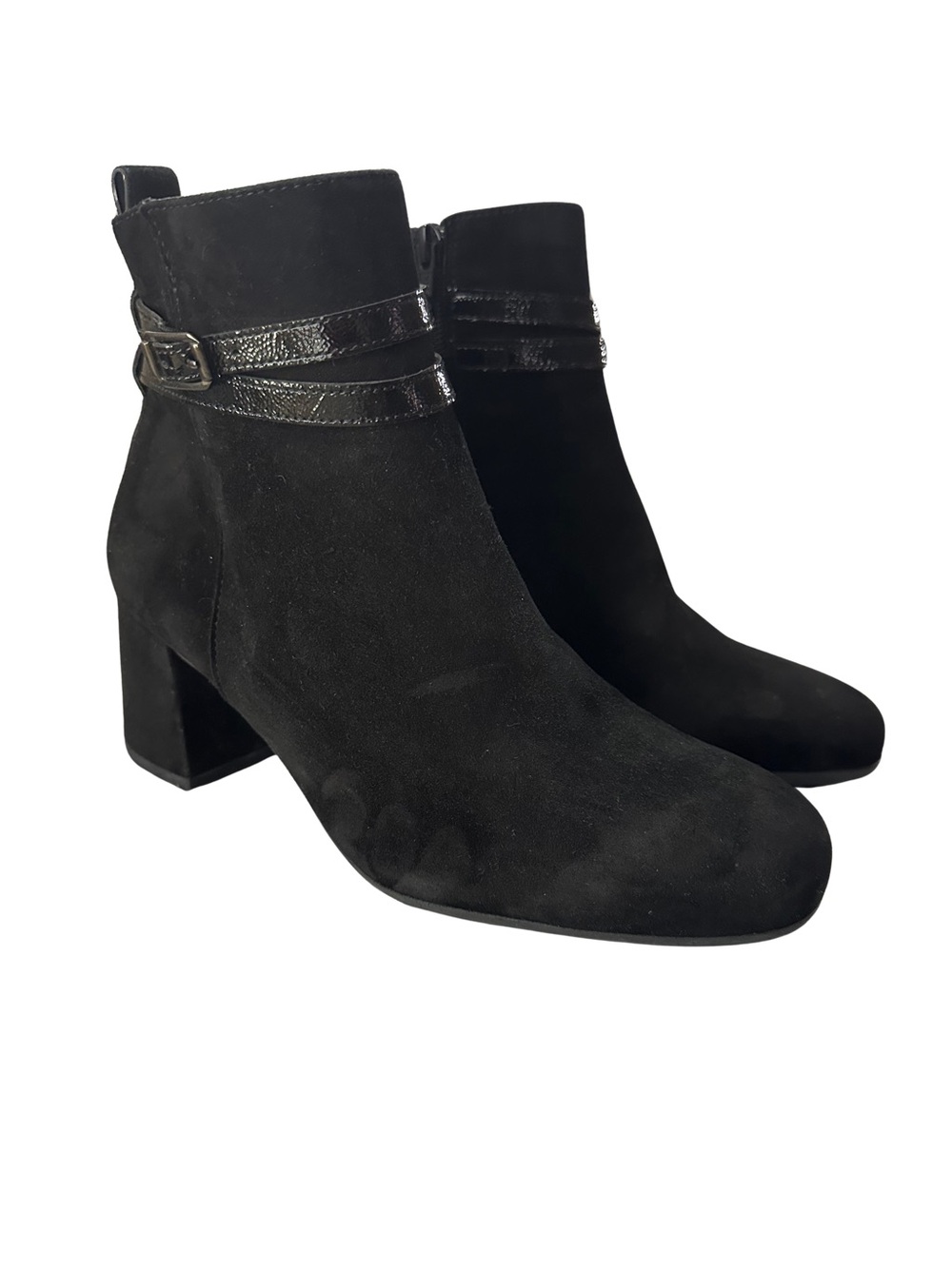Paul Green Black Suede Ankle Boots Sz 7 Block Heel Patent Trim Made in Austria